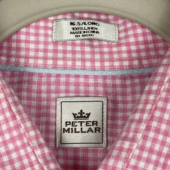 Peter Millar Linen Shirt Mens 16.5 Long Pink Check Button Up Long Sleeve Classic - Picture 5 of 13